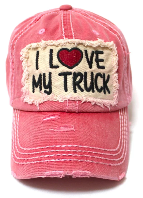 Women's Distressed Hat I Love My Truck Patch Embroidery Adjustable Cap, Rose Beach Pink