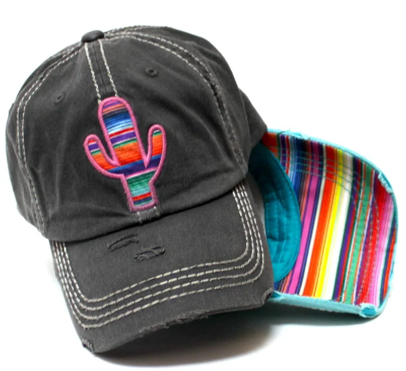 Women's Distressed Serape Patterned Cactus Monogram Embroidery Ballcap, Vintage Black