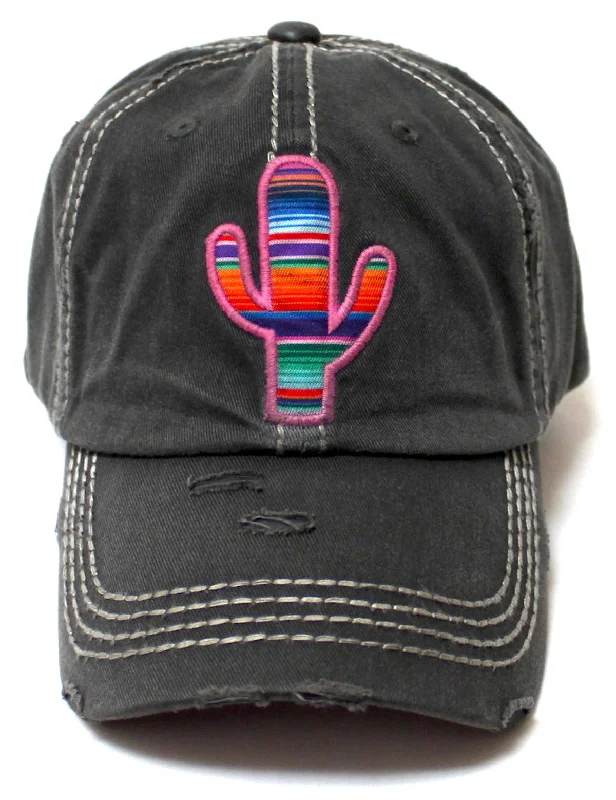 Women's Distressed Serape Patterned Cactus Monogram Embroidery Ballcap, Vintage Black