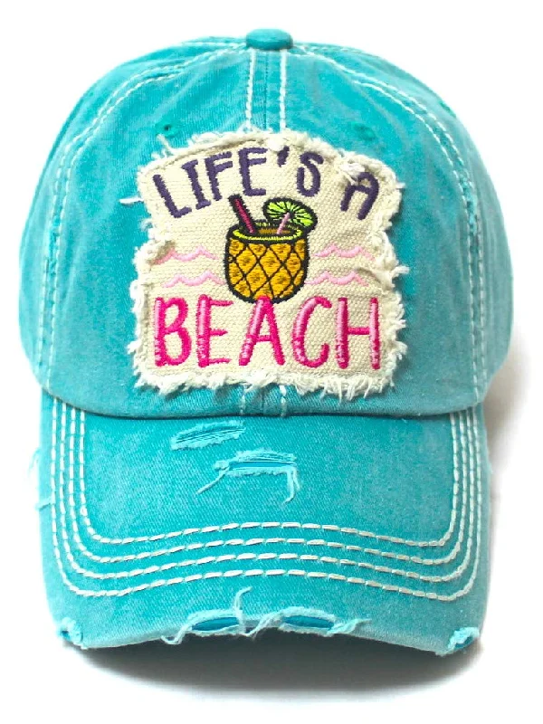 Women's Distressed Summer Cap Life's a Beach Aloha Pineapple Spirit Patch Embroidery Monogram Hat, Ocean Blue