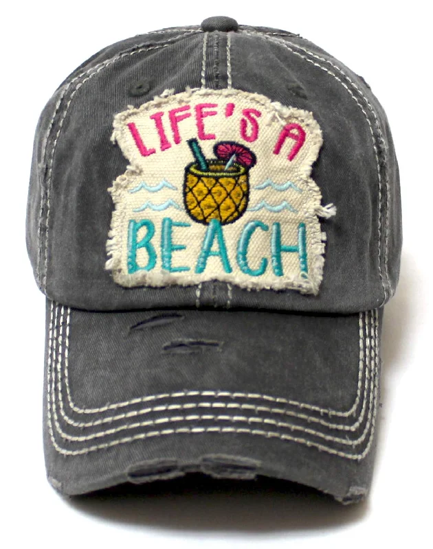 Women's Distressed Summer Cap Life's a Beach Aloha Pineapple Spirit Patch Embroidery Monogram Hat, Vintage Black