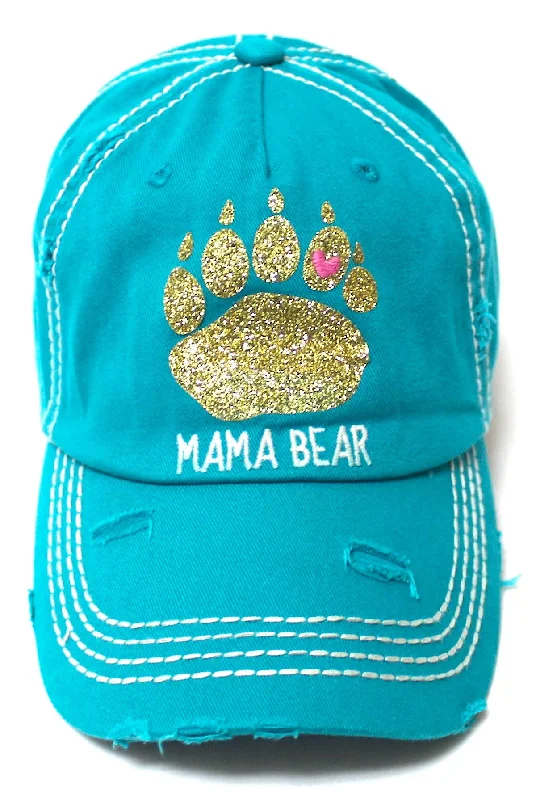 Women's Graphic Ballcap Mama Bear Gold Glitter Paw Print Heart Shape Monogram Hat, Turquoise