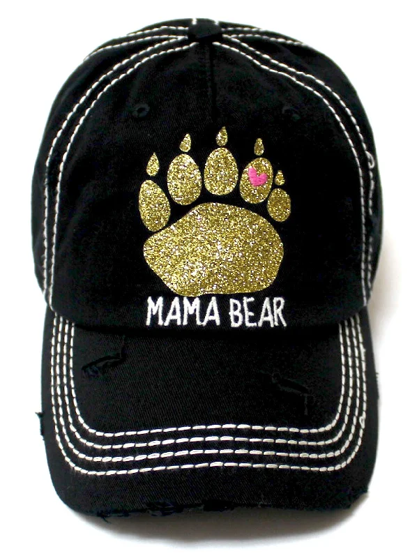 Women's Graphic Ballcap Mama Bear Gold Glitter Paw Print Heart Shape Monogram Hat, Vintage Black