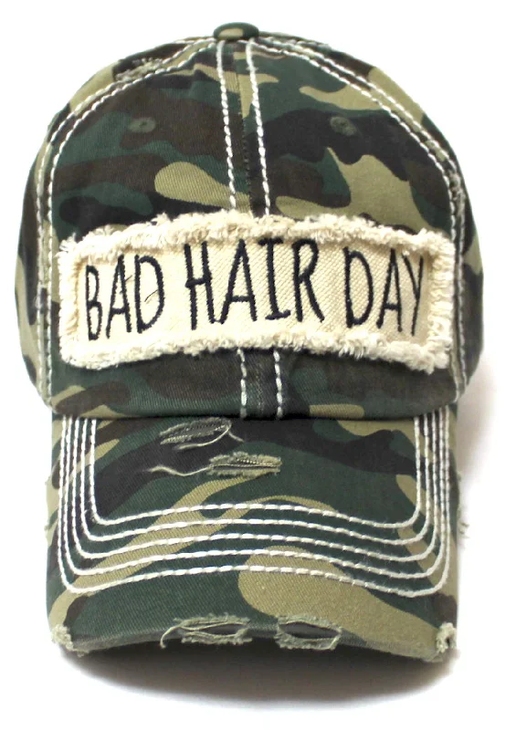 Women's Hat Bad Hair Day Embroidery Patch on Distressed Cap, Vintage Army Camo