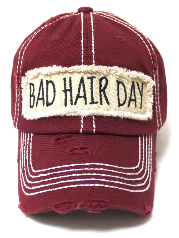 Women's Hat Bad Hair Day Embroidery Patch on Distressed Cap, Vintage Cabernet