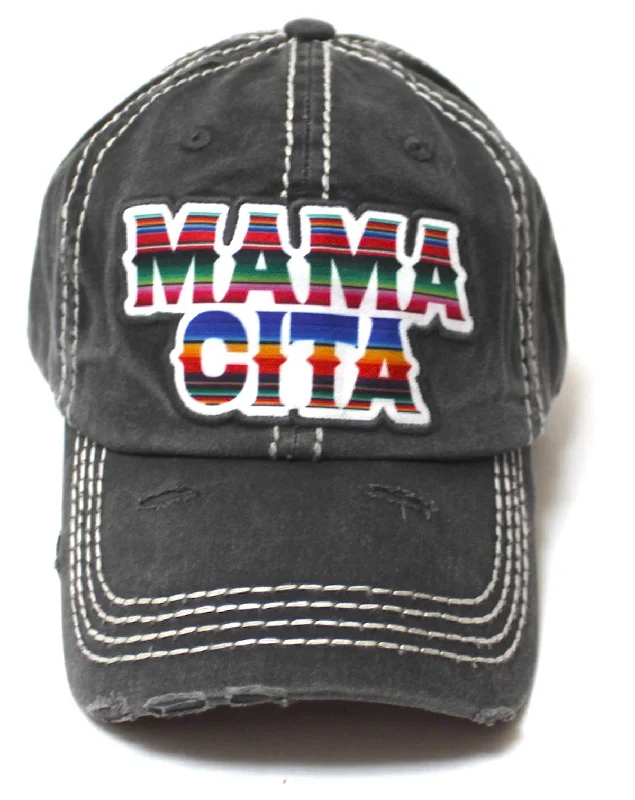 Women's Serape Themed Mamacita Monogram Embroidery Distressed Ballcap, Vintage Black