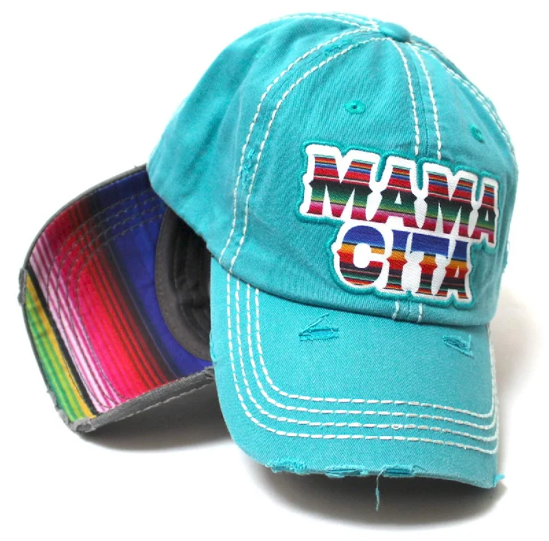 Women's Serape Themed Mamacita Monogram Embroidery Distressed Ballcap, Vintage Turquoise