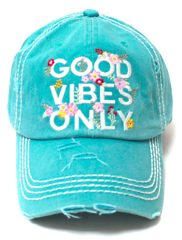 Women's Summer Ballcap Good Vibes Only Floral Monogram Embroidery Beach Hat, Ocean Blue