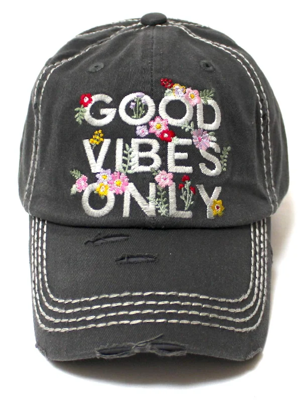 Women's Summer Ballcap Good Vibes Only Floral Monogram Embroidery Beach Hat, Vintage Black