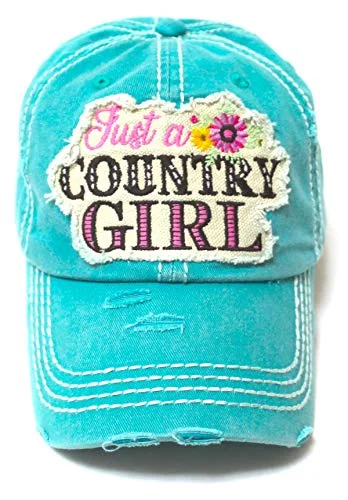 Women's Summer Cap Just a Country Girl Spring Floral Patch Embroidery Adjustable Hat, California Turquoise Blue