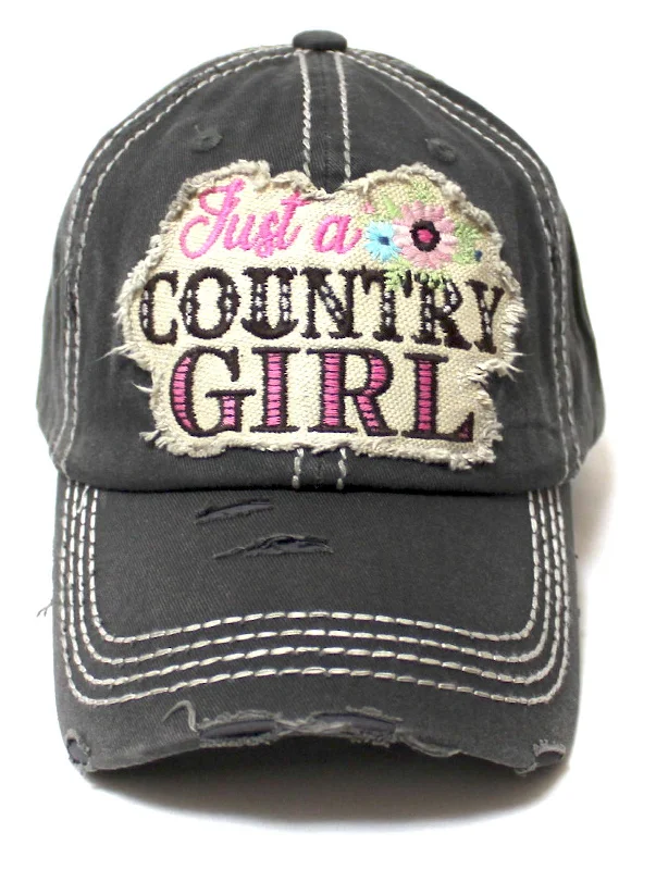 Women's Summer Cap Just a Country Girl Spring Floral Patch Embroidery Adjustable Hat, Vintage Black