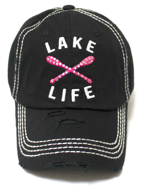 Women's Vintage Beach Cap Lake Life Embellished Boat Paddles Monogram Embroidery Hat, Black