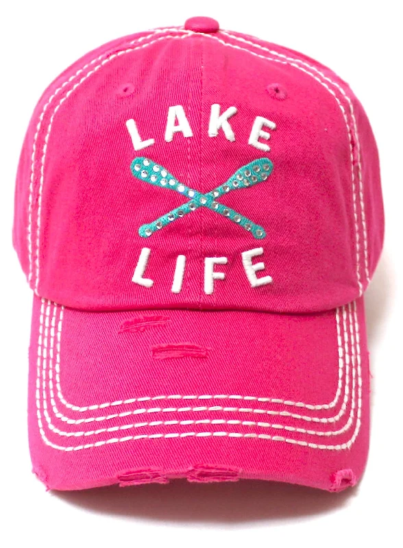 Women's Vintage Beach Cap Lake Life Embellished Boat Paddles Monogram Embroidery Hat, Hot Pink