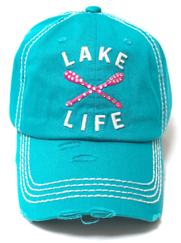 Women's Vintage Beach Cap Lake Life Pink Paddles Monogram Embroidery Hat, Turquoise