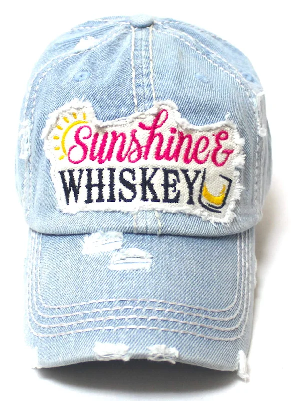 Women's Vintage Beach Hat Sunshine Fun Patch Embroidery Monogram Ballcap, Distressed Denim