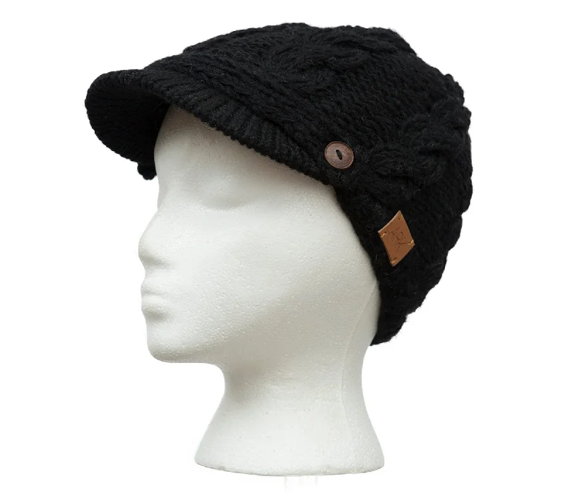 Black Cable Knit Hat, Warm Fleece Lining, Womens Hippy Hat