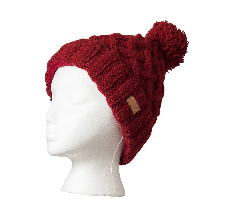 Burgundy Beanie, Pom pom beanie, Thick wool beanie, toque, Fleece Lined, white