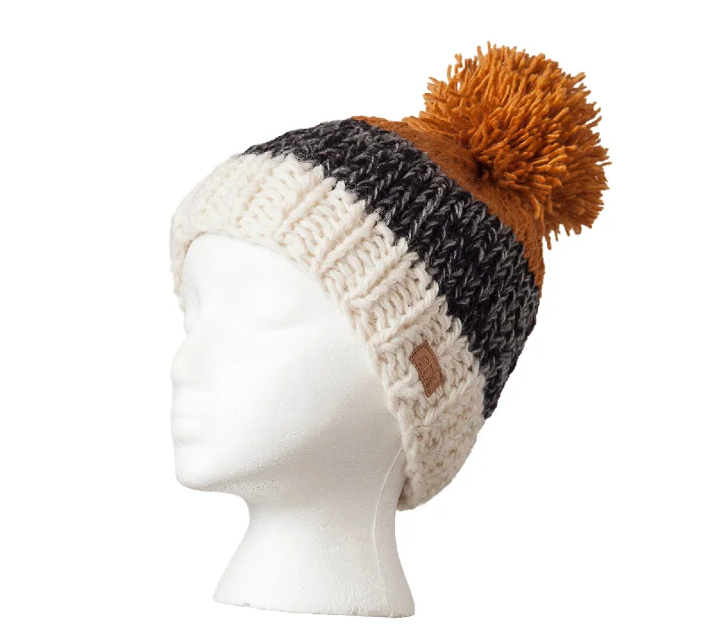 Charcoal and Honey Wool Hat, Crochet Knit Beanie, Yellow Pom Pom, Warm Fleece Lining