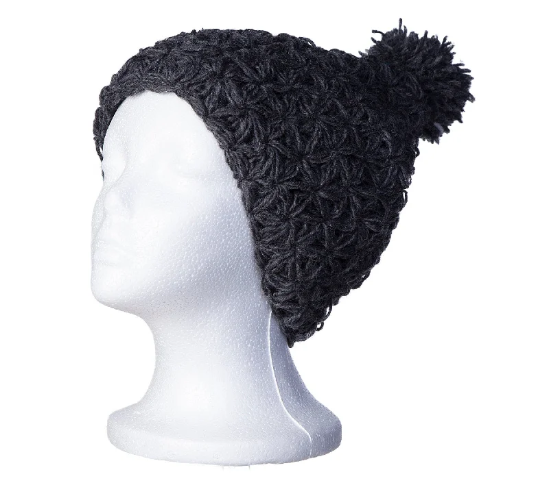 Charcoal Pom Pom Hat, Women Star Knit Wool, Fleeced lined