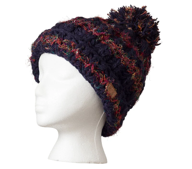 Cool Striped Beanie, Navy Pom pom beanie, Thick wool beanie, toque, Fleece Lined,