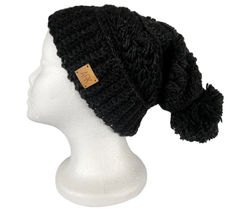 Crochet Slouch Hat with pom pom, Made from wool on the outside and fleece on the inside