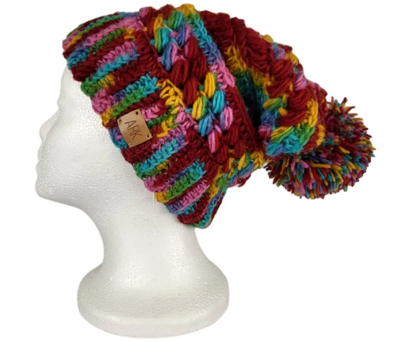 Funky Wool hat, Crochet Slouch Hat with pom pom, Made from wool on the outside and fleece on the inside