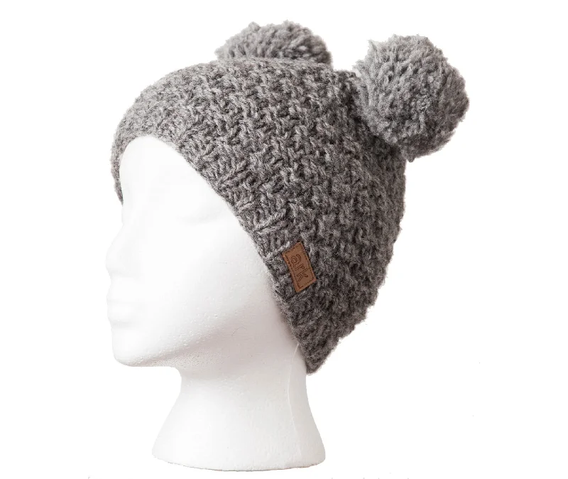 Gray Wool Pom Pom winter hat, Gray fleece Hat, Double Pom Pom, Wool beanie, Fleece Lined