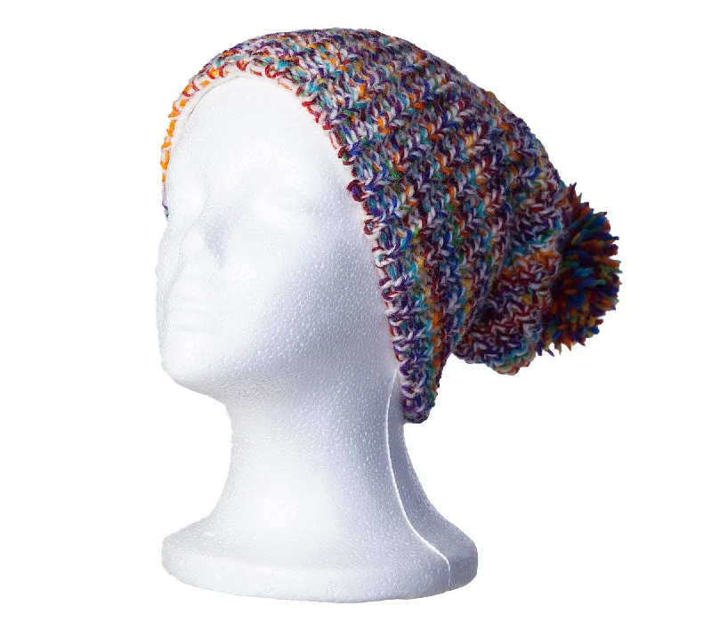 Hand knit Slouch Pom Pom Hat, Rainbow wool toque, Hippie beanie, Warm beanie, cap, knit hat, fleece lined inside, Purple and Lilac