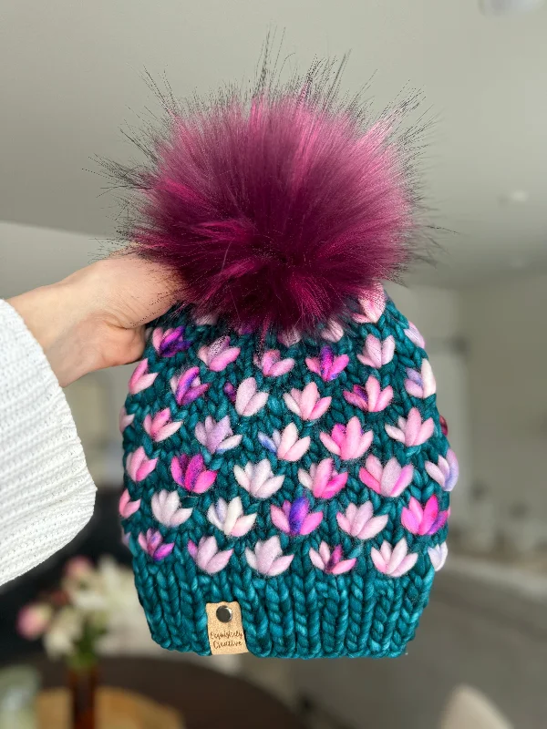 Luxury Adult Lotus Flower Beanie in Teal Feather and Lavender Haze