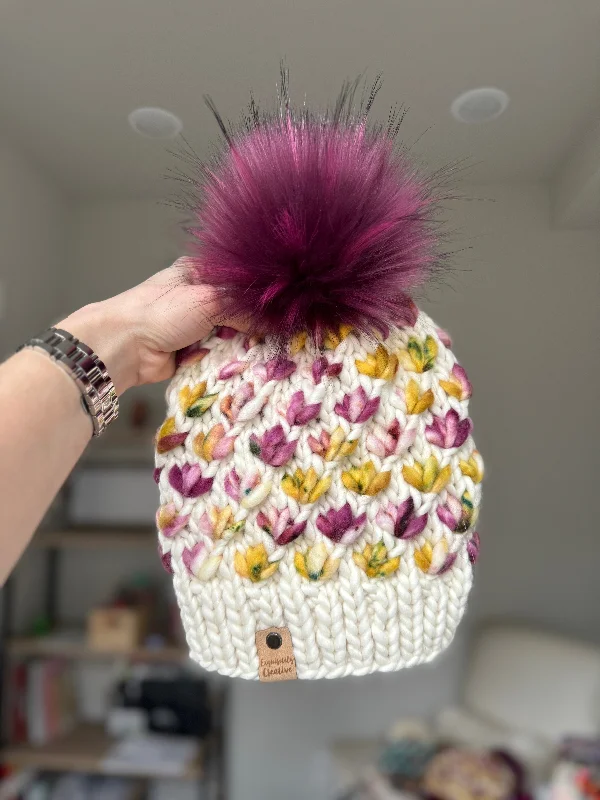 Luxury Adult Lotus Flower Beanie in Natural and Magenta