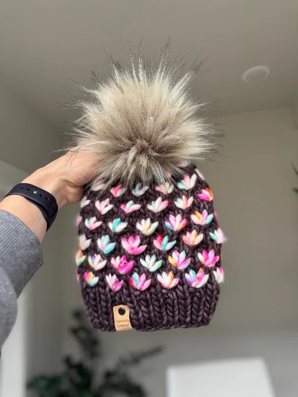 Luxury Adult Lotus Flower Beanie Pearl Ten and Rainbow Mix