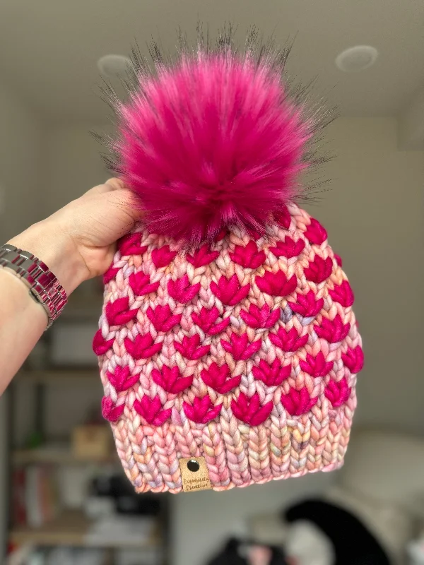 Luxury Adult Lotus Flower Beanie in Rosalinda and Hot Pink