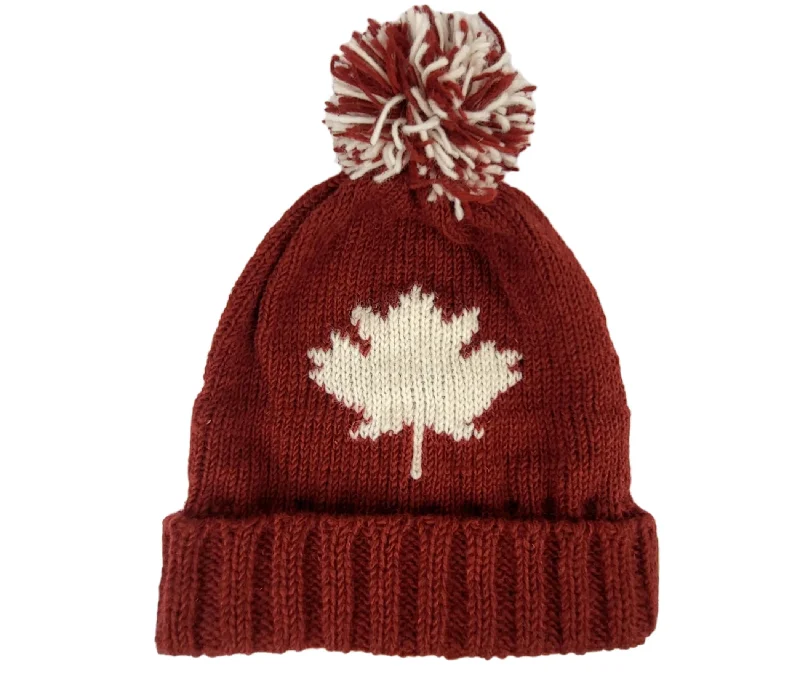 Maple Leaf Wool hat, Pom Pom, Made from wool on the outside and fleece on the inside