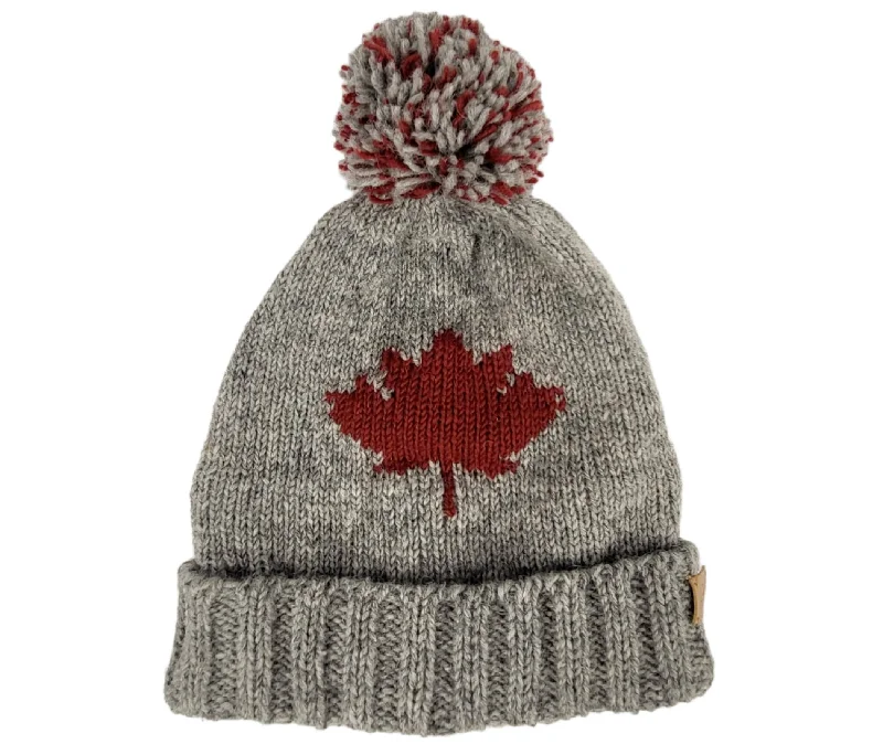 Maple Leaf Wool hat, Pom Pom, Made from wool on the outside and fleece on the inside