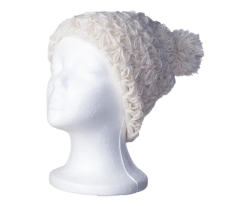 White Star Knit Hat, Warm Winter Hat, 100% Wool with Fleece Lining, Womens Hat with Pom Pom