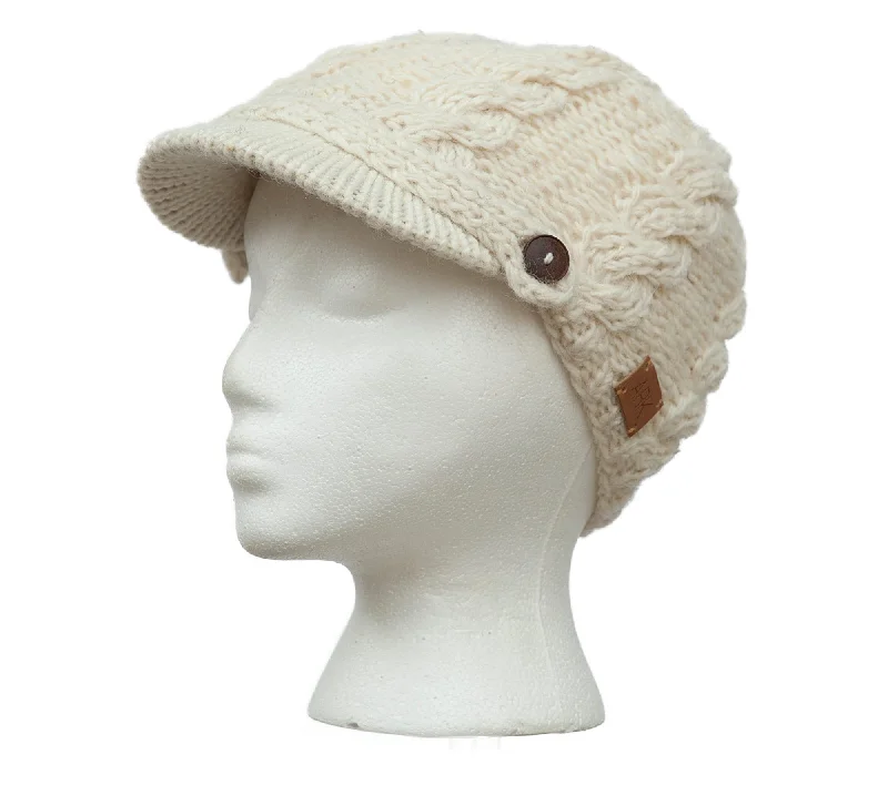 White Wool Knit Hat, Funky Cable Knit Hat, Fleece Lined, Newsboy Hat