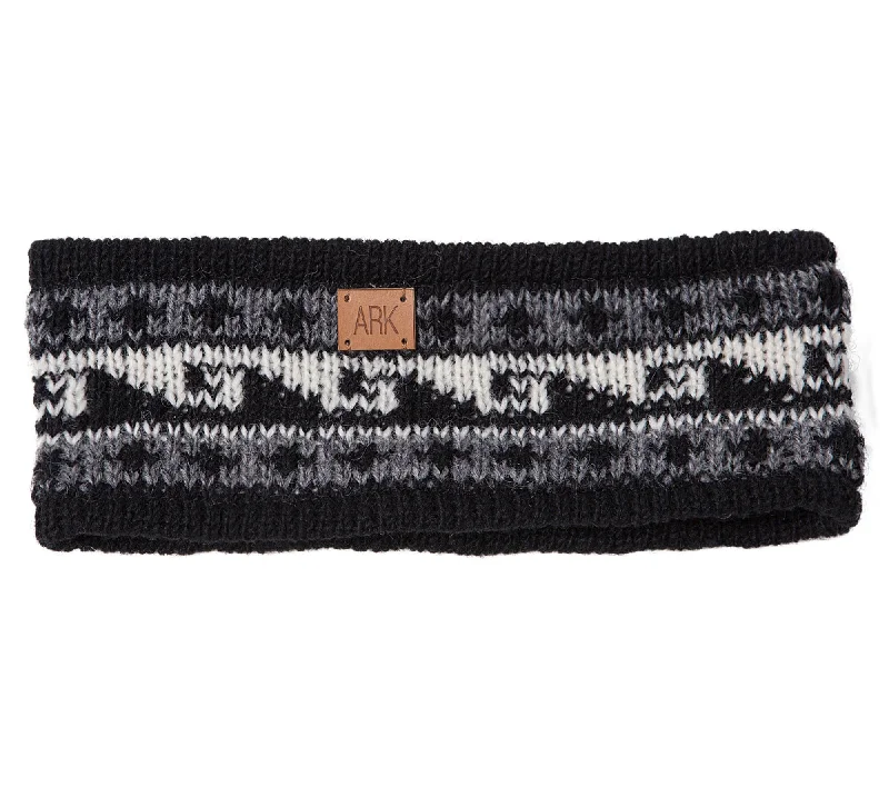 Wool Head Band, Black Wave Pattern, Cozy Fleece Lining, Unisex Ear Muff