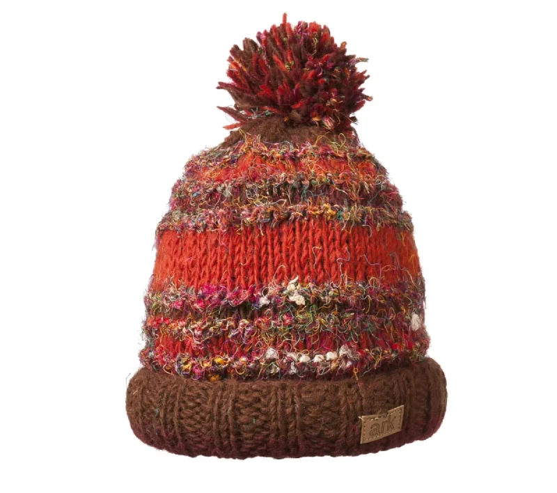 Wool Pom Pom hat, Warm fleece Hat, Wool beanie, Fleece Lined Brown and rust