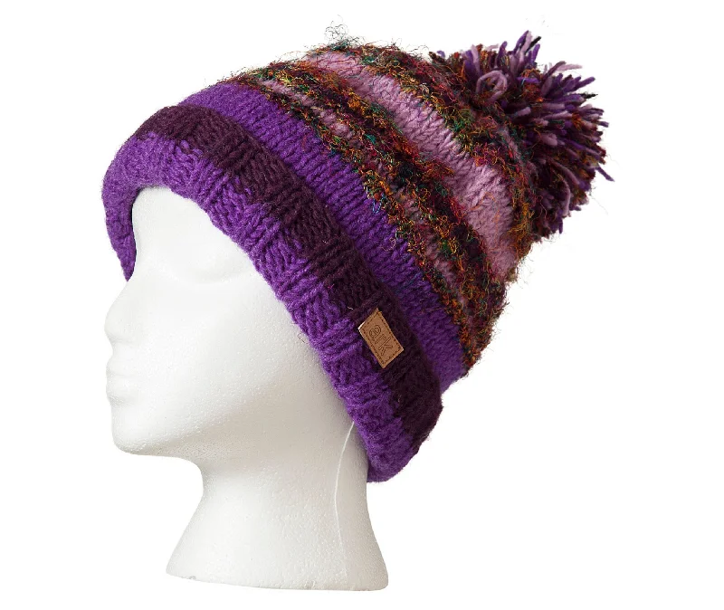 Wool Pom Pom winter hat, Purple wool and fleece Hat, Wool beanie, Fleece Lined